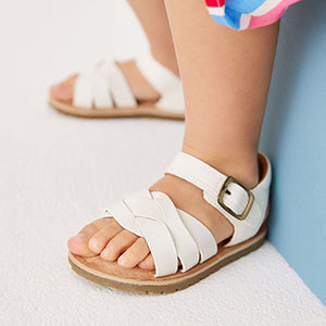 White Leather Woven Ankle Strap Sandal (Younger Girls)