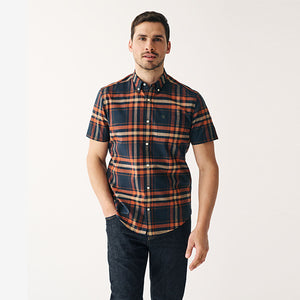 Navy Blue/Rust Orange Stretch Oxford Check Short Sleeve Shir