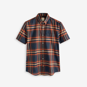 Navy Blue/Rust Orange Stretch Oxford Check Short Sleeve Shir