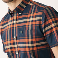 Load image into Gallery viewer, Navy Blue/Rust Orange Stretch Oxford Check Short Sleeve Shir
