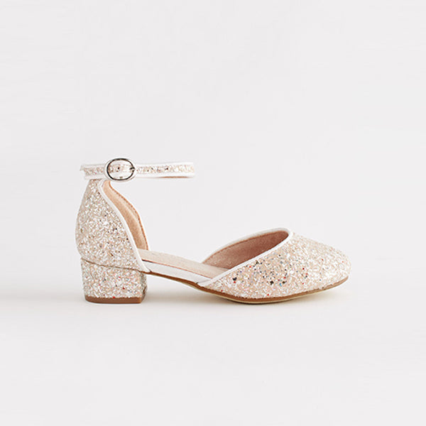 Ivory White Glitter Occasion Ankle Strap Low Heel Shoes (Older Girls)