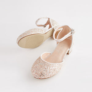 Ivory White Glitter Occasion Ankle Strap Low Heel Shoes (Older Girls)