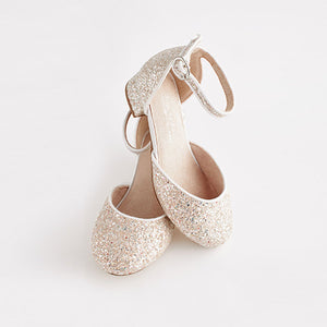 Ivory White Glitter Occasion Ankle Strap Low Heel Shoes (Older Girls)