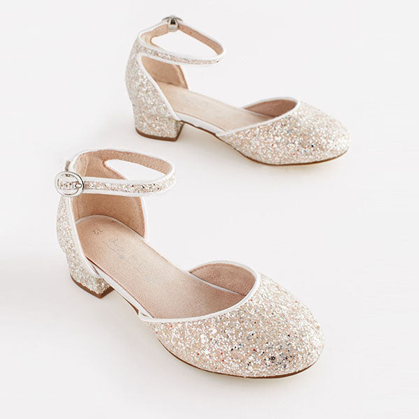 Ivory White Glitter Occasion Ankle Strap Low Heel Shoes (Older Girls)