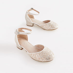 Ivory White Glitter Occasion Ankle Strap Low Heel Shoes (Older Girls)