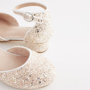 Ivory White Glitter Occasion Ankle Strap Low Heel Shoes (Older Girls)