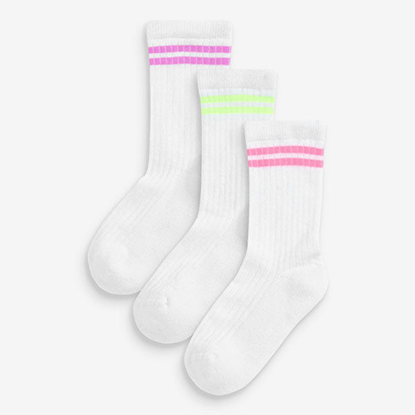 White Cotton Rich Fluro Rib Cushioned Sole Ankle Sports Socks 3 Pack (Older Girls)