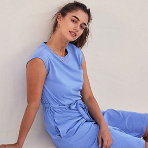 Blue Short Sleeve 100% Cotton Belted T-Shirt Midi Summer Dress