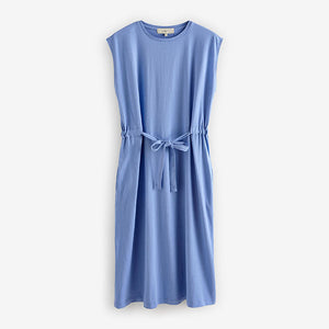 Blue Short Sleeve 100% Cotton Belted T-Shirt Midi Summer Dress