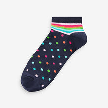 Load image into Gallery viewer, Navy Blue Rainbow Spot Stripe Trainer Socks 5 Pack
