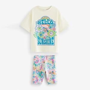 Ecru Cream/Pink Floral Print T-Shirt And Cycling Shorts Set (3-12yrs)