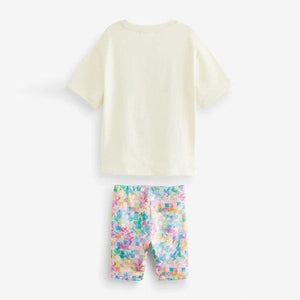 Ecru Cream/Pink Floral Print T-Shirt And Cycling Shorts Set (3-12yrs)