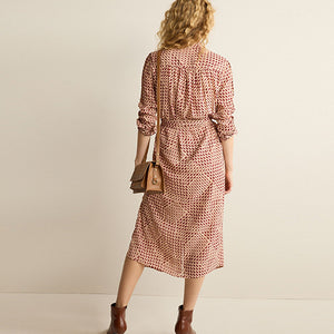 Blush Pink Geo Print Long Sleeve Tie Belt Midi Dress