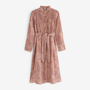 Blush Pink Geo Print Long Sleeve Tie Belt Midi Dress