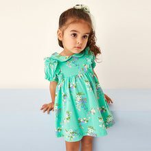 Load image into Gallery viewer, Green Floral Peter Pan Collar Puff Sleeve Cotton Jersey Dress (3mths-6yrs)
