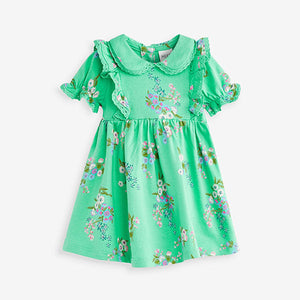 Green Floral Peter Pan Collar Puff Sleeve Cotton Jersey Dress (3mths-6yrs)