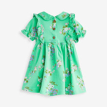 Load image into Gallery viewer, Green Floral Peter Pan Collar Puff Sleeve Cotton Jersey Dress (3mths-6yrs)
