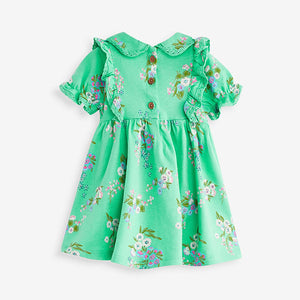 Green Floral Peter Pan Collar Puff Sleeve Cotton Jersey Dress (3mths-6yrs)