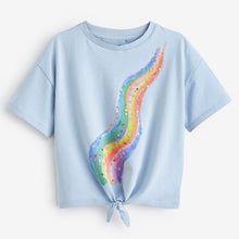 Load image into Gallery viewer, Blue Rainbow Sequin Tie Front T-Shirt (3-12yrs)
