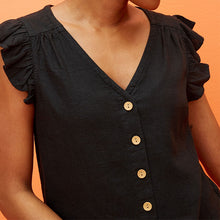 Load image into Gallery viewer, Black Linen Blend Ruffle Sleeve Top
