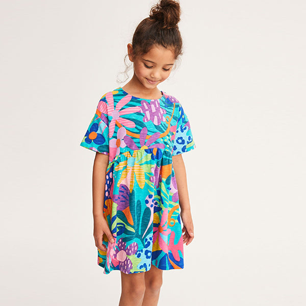 Bright Tropical Print Short Sleeve Jersey Dress (3-12yrs)