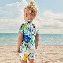 Load image into Gallery viewer, Blue /Ecru White Floral Sunsafe Swim Suit (3mths-5yrs)
