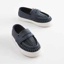 Load image into Gallery viewer, Navy Blue Woven Detail Contrast Sole Loafers (Younger Boys)
