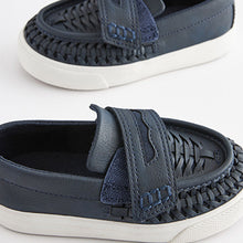 Load image into Gallery viewer, Navy Blue Woven Detail Contrast Sole Loafers (Younger Boys)
