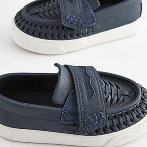 Navy Blue Woven Detail Contrast Sole Loafers (Younger Boys)