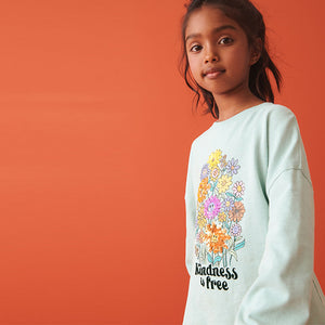 Teal Blue Sequin Flowers Long Sleeve T-Shirt (3-12yrs)