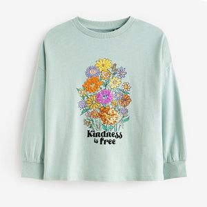 Teal Blue Sequin Flowers Long Sleeve T-Shirt (3-12yrs)