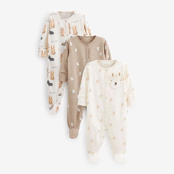 Beige Cream Bunny Baby Sleepsuits 3 Pack (0mths-2yrs)