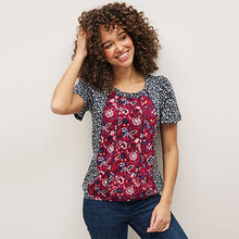 Load image into Gallery viewer, Floral Red/Navy Short Sleeve Crew Neck Bubblehem Top
