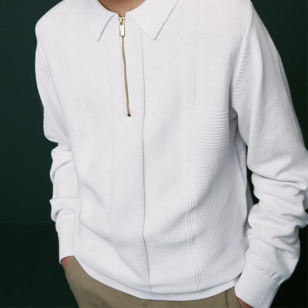 White Textured Knit Zip Neck Long Sleeve Polo Shirt (3-12yrs)