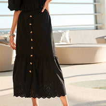 Load image into Gallery viewer, Black Button Through 100% Cotton Midi Skirt
