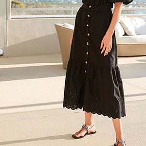 Black Button Through 100% Cotton Midi Skirt