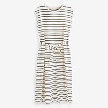 Load image into Gallery viewer, Ecru Cream/Black Stripe Short Sleeve 100% Cotton Belted T-Shirt Midi Summer Dress
