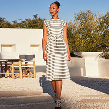 Load image into Gallery viewer, Ecru Cream/Black Stripe Short Sleeve 100% Cotton Belted T-Shirt Midi Summer Dress
