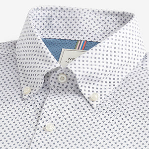 White Print Regular Fit Short Sleeve Easy Iron Button Down Oxford Shirt