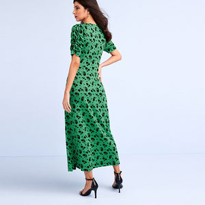 Green Floral Short Puff Sleeve Ruched V-Neck Midi Dress
