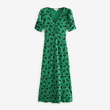Load image into Gallery viewer, Green Floral Short Puff Sleeve Ruched V-Neck Midi Dress
