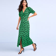 Load image into Gallery viewer, Green Floral Short Puff Sleeve Ruched V-Neck Midi Dress
