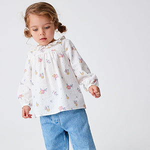 Blue/Pink Ditsy Printed Cotton Ruffle Blouse (3mths-6yrs)