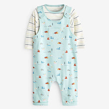Load image into Gallery viewer, Mint Green Transport 2 Piece Jersey Baby Dungarees And Bodysuit (0mths-18mths)
