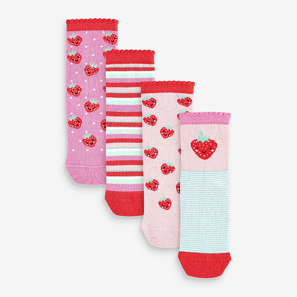 Pink/Red 4 Pack Cotton Rich Strawberry Ankle Socks (Younger/Older Girls)