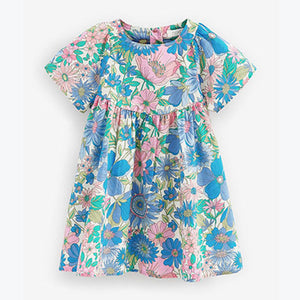 Pink/Blue Floral Angel Sleeve Cotton Dress (3mths-6yrs)