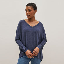 Load image into Gallery viewer, Navy Blue Raw Edge V-Neck Long Sleeve Top
