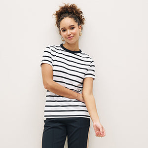 Black / White Stripe 100% Cotton Crew Neck Short Sleeve T-Shirt