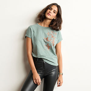 Sage Green Embellished Star Scatter Sparkle Star Short Sleeve T-Shirt