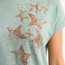 Load image into Gallery viewer, Sage Green Embellished Star Scatter Sparkle Star Short Sleeve T-Shirt
